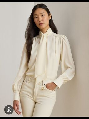 Ralph Lauren Purple Label Cream Tie-Neck Long Sleeve Silk Blouse